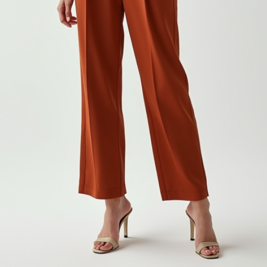 Terracotta Solid Color Off-Shoulder Pleated Slacks