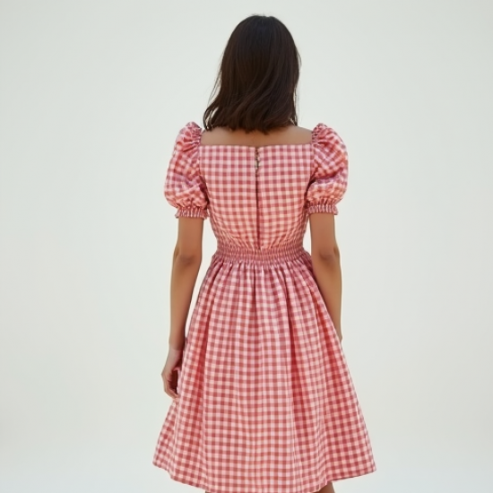 French Style Gingham Puff Sleeve Sundress