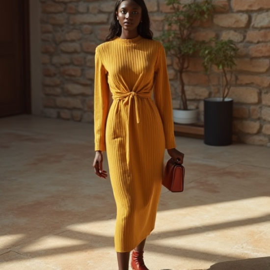 Mustard Yellow Ribbed Knit Belted Midi Dress