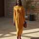 Mustard Yellow Ribbed Knit Belted Midi Dress