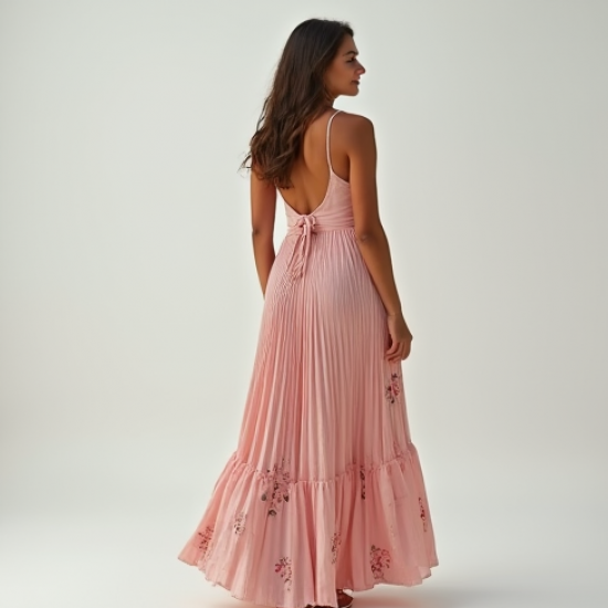 Pastel Pink Floral Print Backless Pleated Maxi Skirt