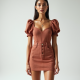 Terracotta Houndstooth Puff Sleeve Denim Mini Skirt