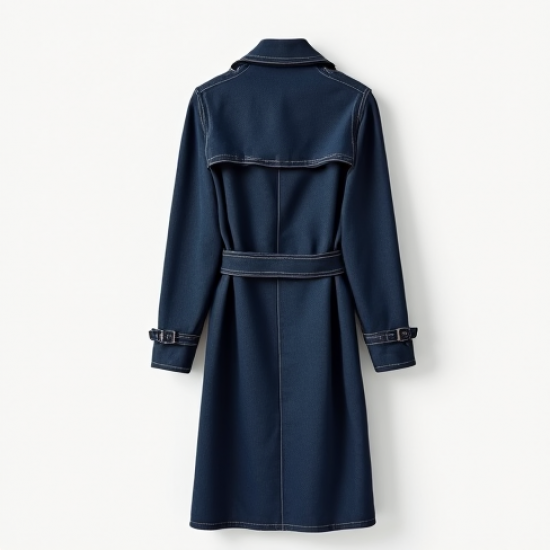 Navy Blue Denim Wrap Front Trench Coat