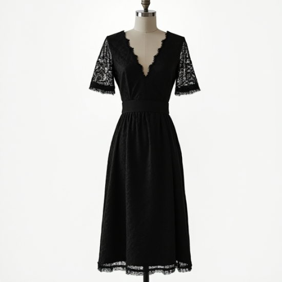 Midnight Black Jacquard V-Neck Midi Dress