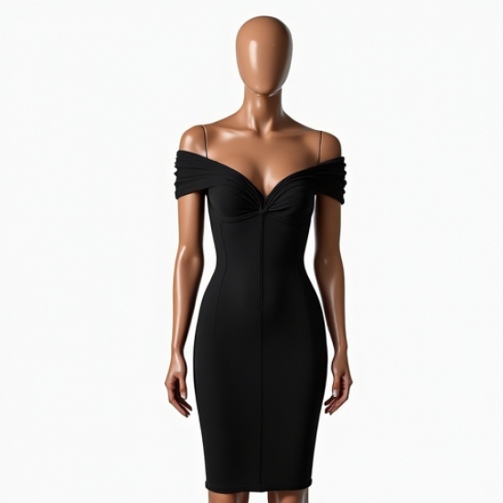 Midnight Black Abstract Print Off-Shoulder Bodycon Dress