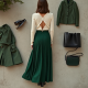 Emerald Green Houndstooth Cut-Out Pleated Maxi Skirt