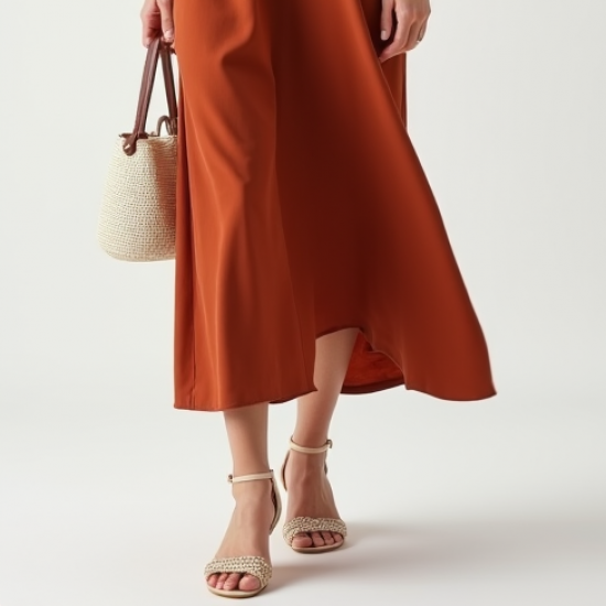 Terracotta Solid Color Off-Shoulder Midi Dress