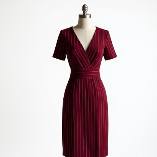 Burgundy Striped V-Neck Cocktail Dress