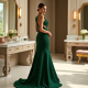 Emerald Green Houndstooth Cut-Out Evening Gown