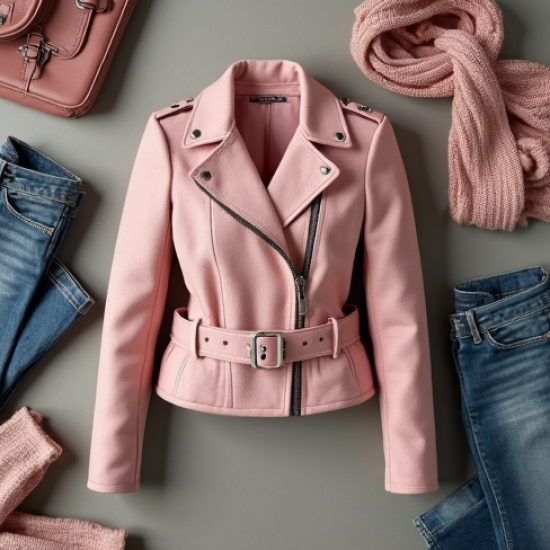Pastel Pink Jacquard Belted Biker Jacket