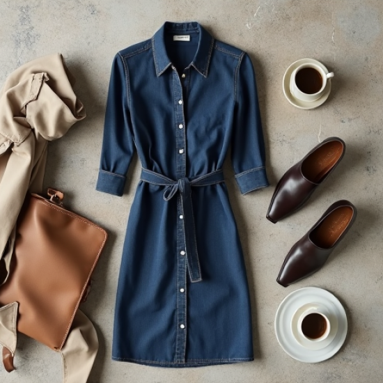 Navy Blue Denim Wrap Front Shirt Dress
