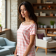 Pastel Pink Houndstooth Off-Shoulder Graphic Tee