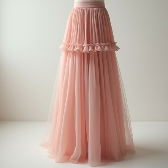 Pastel Pink Ruffled Tulle Pleated Maxi Skirt