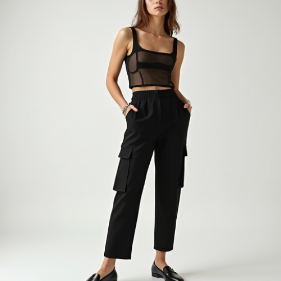 Preppy Square Neck Tulle Cargo Pants