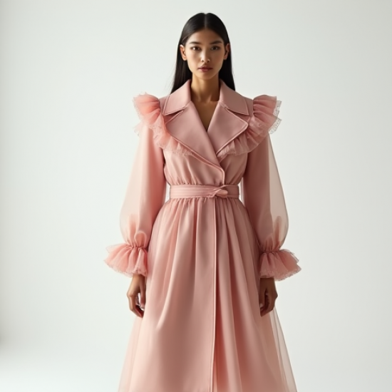 Pastel Pink Ruffled Tulle Trench Coat