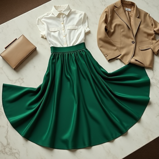 Emerald Green Silk A-Line Midi Skirt